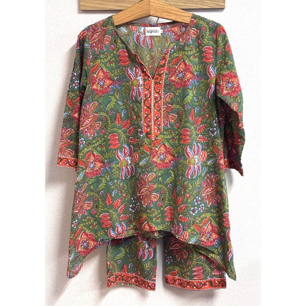 Signals Green Floral Cotton Tunic Sharkbite Hem & Cropped Lounge Pants Set L